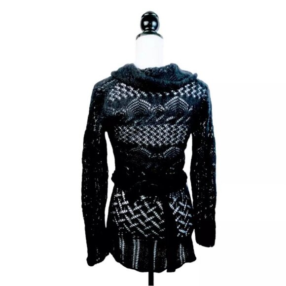 THEORY Tunic Sweater, Black Mohair Wool Soft Long Sleeve Eyelets Belted Velvet S - Picture 4 of 11